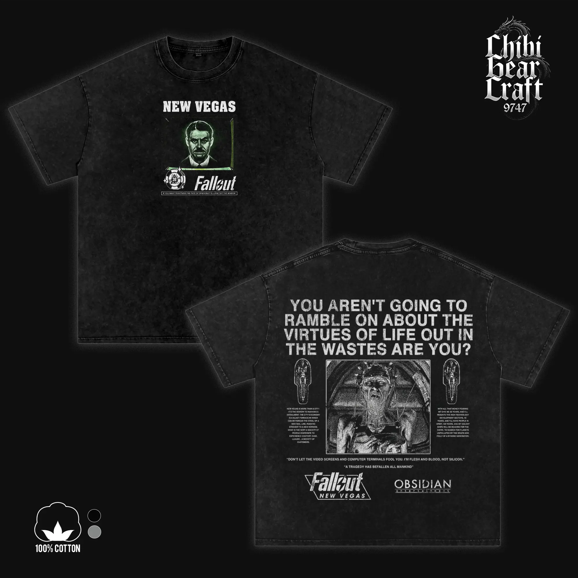 Men's Vintage Fallout New Vegas Mr. House Unisex Cotton T-Shirt & Hoodie, Black Acid Wash Double-Side Eco-Printing Graphic Tees, Oversized Heavyweight Pullover, Casual Comfy Gamer Streetwear Top