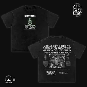 Men's Vintage Fallout New Vegas Mr. House Unisex Cotton T-Shirt & Hoodie, Black Acid Wash Double-Side Eco-Printing Graphic Tees, Oversized Heavyweight Pullover, Casual Comfy Gamer Streetwear Top