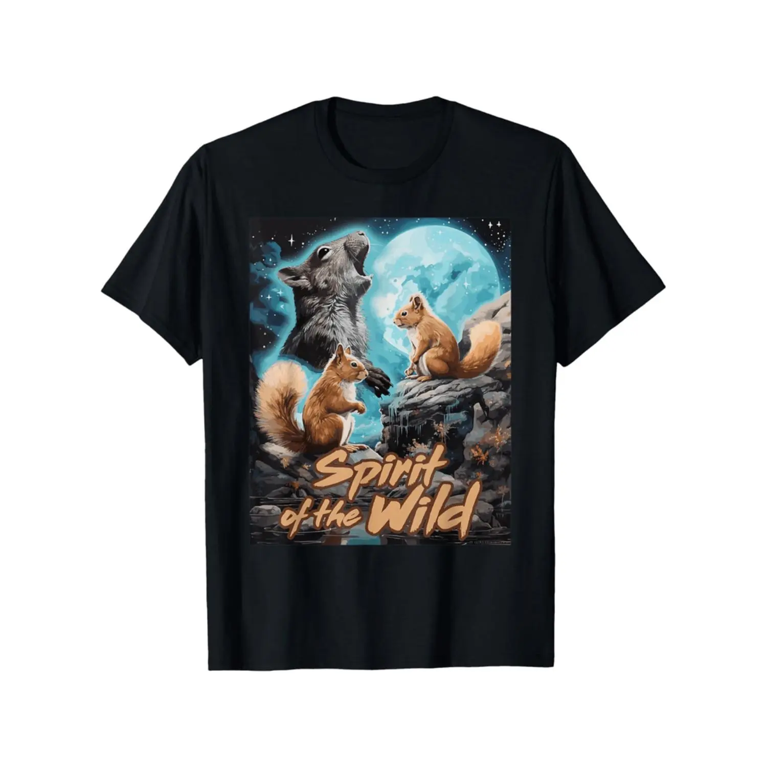 Funny Squirrels Black Unisex T-Shirt - Cartoon Squirrel & "Spirit of the Wild" Graphic, Relaxed Fit Short Sleeve Tee for Easter, Mother's Day, Father's Day Gifts (Small, Casual Wear), Squirrel Gifts, Festive Clothing | Round Neck