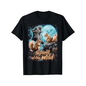 Funny Squirrels Black Unisex T-Shirt - Cartoon Squirrel & "Spirit of the Wild" Graphic, Relaxed Fit Short Sleeve Tee for Easter, Mother's Day, Father's Day Gifts (Small, Casual Wear), Squirrel Gifts, Festive Clothing | Round Neck