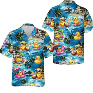 Tropical Rubber Duck Hawaiian Shirt 100% Polyester, Surfing Duck Flamingo Print, Men Women Summer Beach Aloha Party Button Up Menswear Top