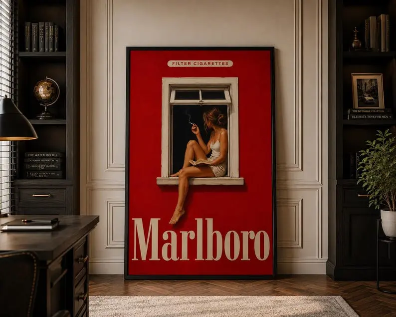 Vintage Marlboro Reading Woman Poster, Retro Red Wall Art, Literary Print