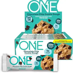 ONE Protein Bars, NEW Recipe Chocolate Chip Cookie Dough, Gluten Free Protein Bars with 20g Protein and 1g Sugar, Pantry Staples, 2.12 oz (12 Count)