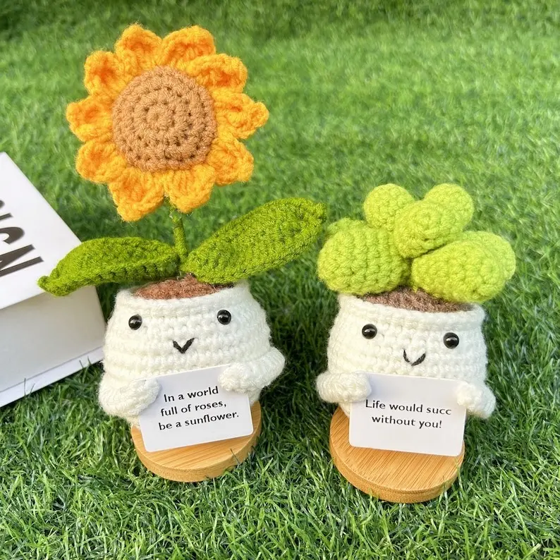 Handmade Crochet Succulent with Sunflower-Succ Without You-Warmming Sunflower-Emothional Support Plant-Gift for Her-Crochet Desk Plant Decor