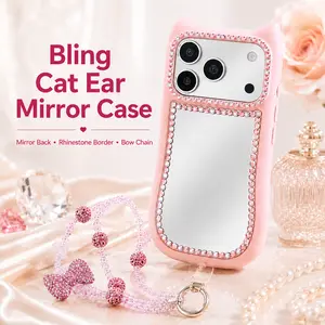 Cat Ear Mirror iPhone Case with Bow Chain, Rhinestone Camera Cover, Cute Shockproof Case for iPhone 16–17 Pro Max