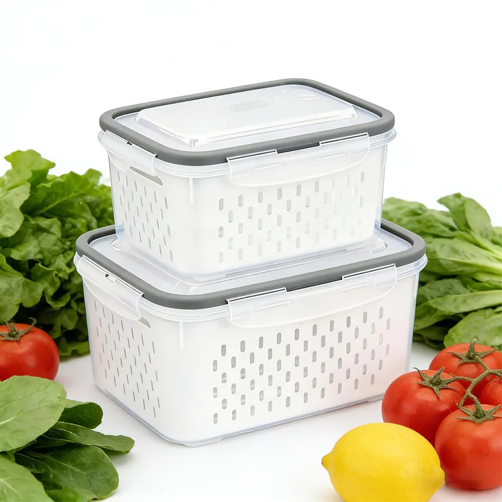 2/4/6 Set Double Drain Secure Airtight Fridge Storage Tub, Split Non-Toxic PP Meal Prep Bin, Clear Snack Dispenser Vessel