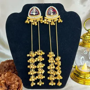 Gold Long Kashmiri Ghungroo Earrings, Elegant Jewelry Accessory for Women