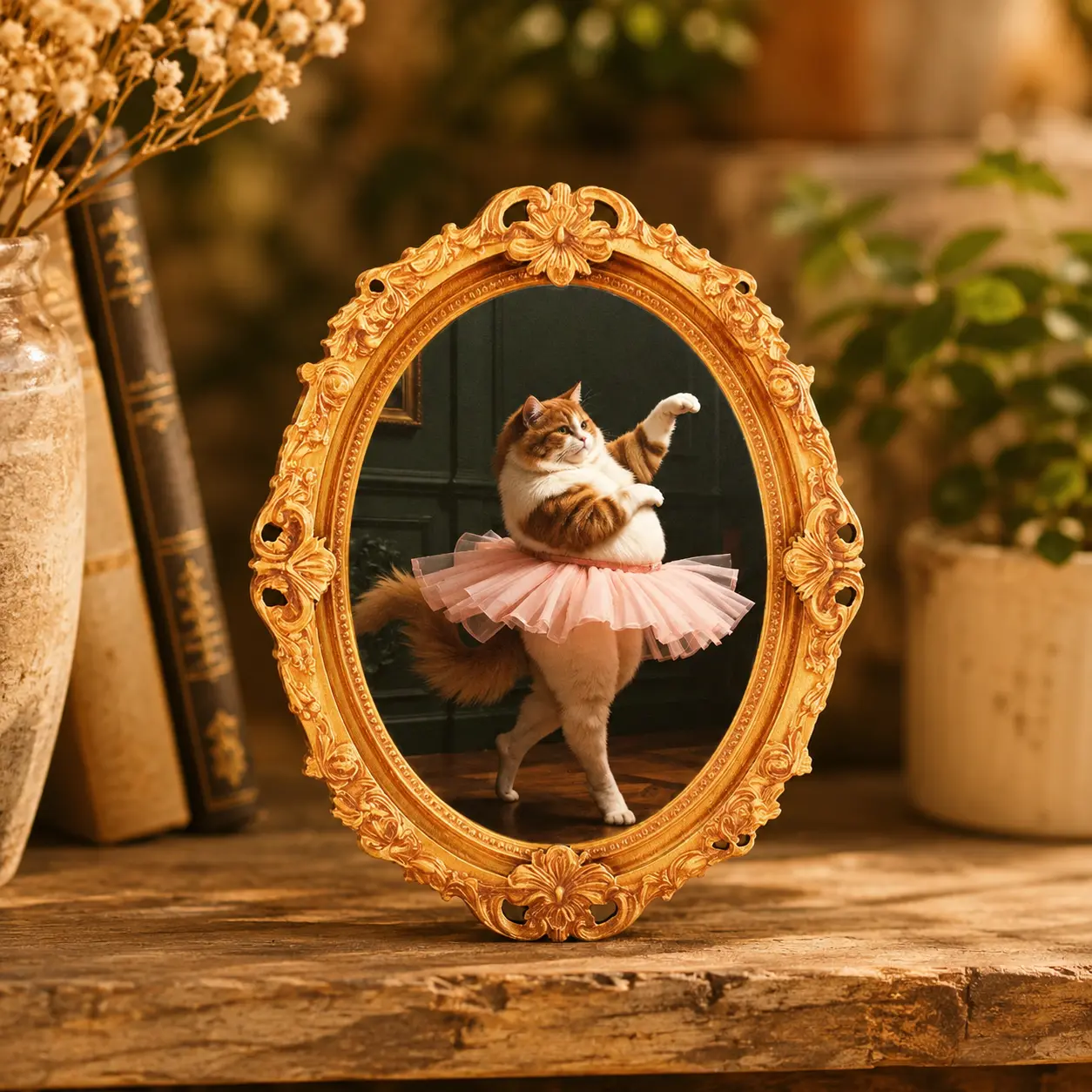 Funny Ballerina Cat Gold Oval Frame Fridge Magnet Humorous Dancing Cat Refrigerator Magnet Decor