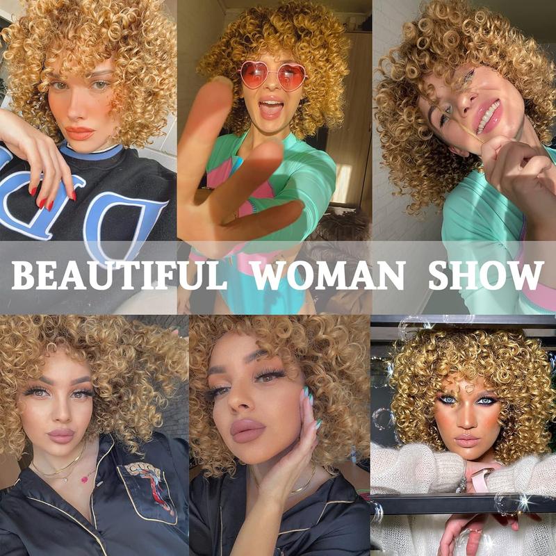 14 inch Blonde Curly Wigs 70s, Kinky Brown Mixd Blonde Afro Wigs for Black Women, Synthetic Afro Curly Blonde Wigs for Women (Brown to Blonde)