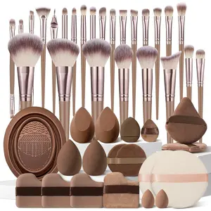 44Pcs Makeup Tool Set Includes Brown Handle Makeup Brush,Makeup Sponges,Large and Small Loose Powder Puff,Triangle Puffs,Chocolate Biscuit Powder Puff,Cleaning Brush,Suitable for Makeup Artists and Perfect Gifts, Beauty Sponge