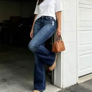 Women Denim Shorts Ripped High Waisted Jean Shorts with Pockets Bell Bottom Flare Jeans