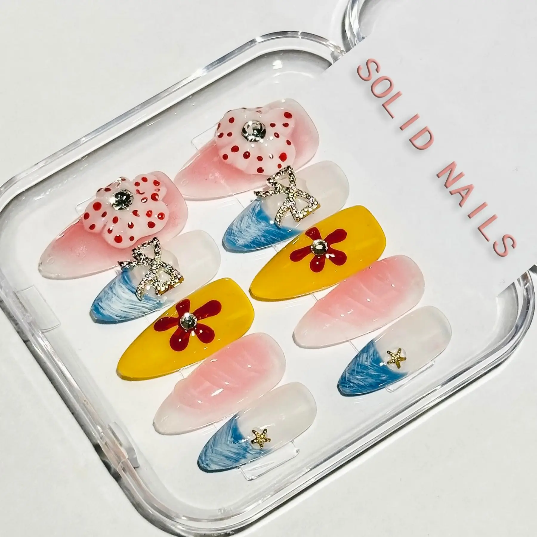 Solid Nails |Golden Coast Wave Handemade Press On Nails REUSABLE 3D Gel Fake nails acrylic press nails/Summer 2025
