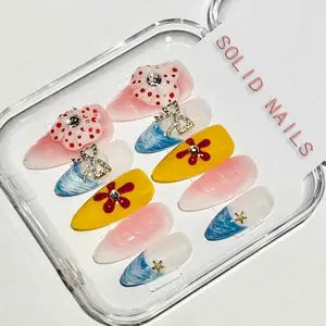 Solid Nails |Golden Coast Wave Handemade Press On Nails REUSABLE 3D Gel Fake nails acrylic press nails/Summer 2025
