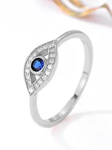 Women's 925 Silver Color Evil Eye Blue Zircon Ring, Simple Elegant Design for Daily Wear, Ladies Fashion Jewelry Accessory