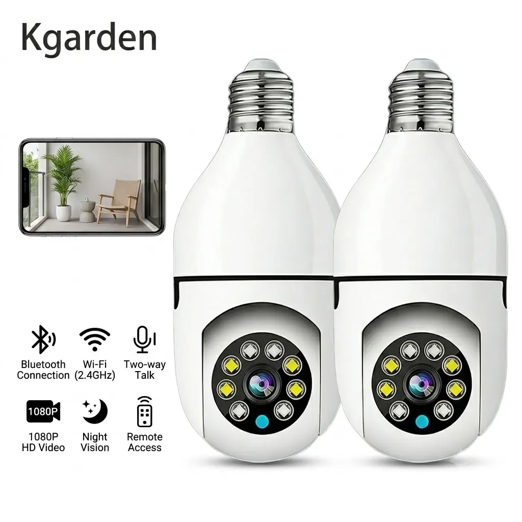 Kgarden 4MP Smart WiFi Light Bulb Camera - Home Security Camera with Full-Color Night Vision, Easy Installation, Motion Detection, 2-Way Audio, 2.4GHz WiFi, US-Based Cloud Storage, Secure Light Socket Mount