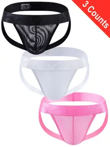 3 Counts JOCKMAIL Men's Stylish Minimalist Plain Solid Color Breathable Mesh Thongs, Low Rise Comfort Fit Jockstraps Underwear for Everyday Casual Wear