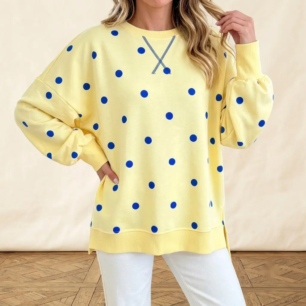 PHEFEE Women's Oversized Polka Dot Crewneck Long Sleeve Comfortable Lightweight Tunic Jumper, Casual Loose-Fit Pullover Tops for Fall Winter, Aesthetic Yellow, Longsleeves