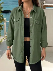 Women's Oversized Denim Shirt Long Sleeve Frayed Hem Casual Loose Fit Top