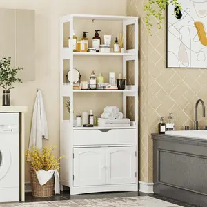 Sikaic 64 Inches Freestanding Storage Cabinet Furniture with Shelves and Drawer White Kitchen Buffet Sideboard