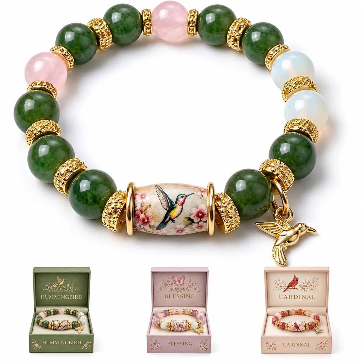 GMOX 2026 Limited Edition Blessing Birds Beaded Chain Bracelet with Gemstones, Adjustable Fit, Premium Gift Box, Casual Wear Inspirational Hummingbird Jewelry, Birthday Gifts for Women/Moms