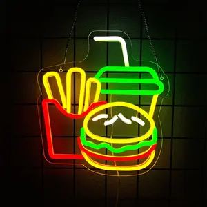 Burger Neon Sign for Burger Shop Decor, French Fries LED Neon Light,Hamburger LED Neon Light,Fast Food Business Signs for Restaurant,Kitchen,Store,Party,USB Powered