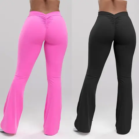 Women's High Waist Sportswear Wide Leg Flare Pants - V-Back Butt Lifting Nylon Blend Compression Gym Fitness Pants, Core Support Athletic Bottoms, All Seasons Yoga Flare Women's Sports Leggings for Yoga/Running