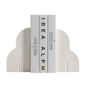 Heavy Duty Ceramic Book Ends Set of 2, Modern Minimalist Geometric Decorative Book Stoppers, Non-Skid Book Supports for Home Office Shelves, Perfect Gift for Book Lovers (White)