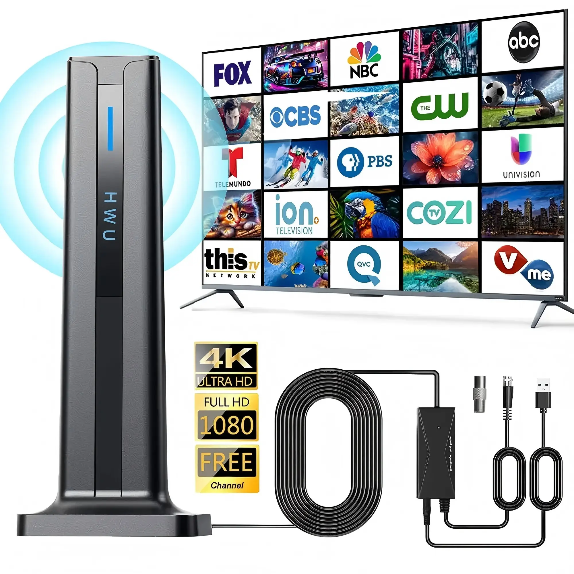 Indoor Digital TV Antenna Accessories for Smart TV Users, 2026 Model with 3M Stick Base Indoor Mount, 360° Rotatable Long-Range Reception, 4K HD/1080P Local Channels Access, Easy No-Cable Installation