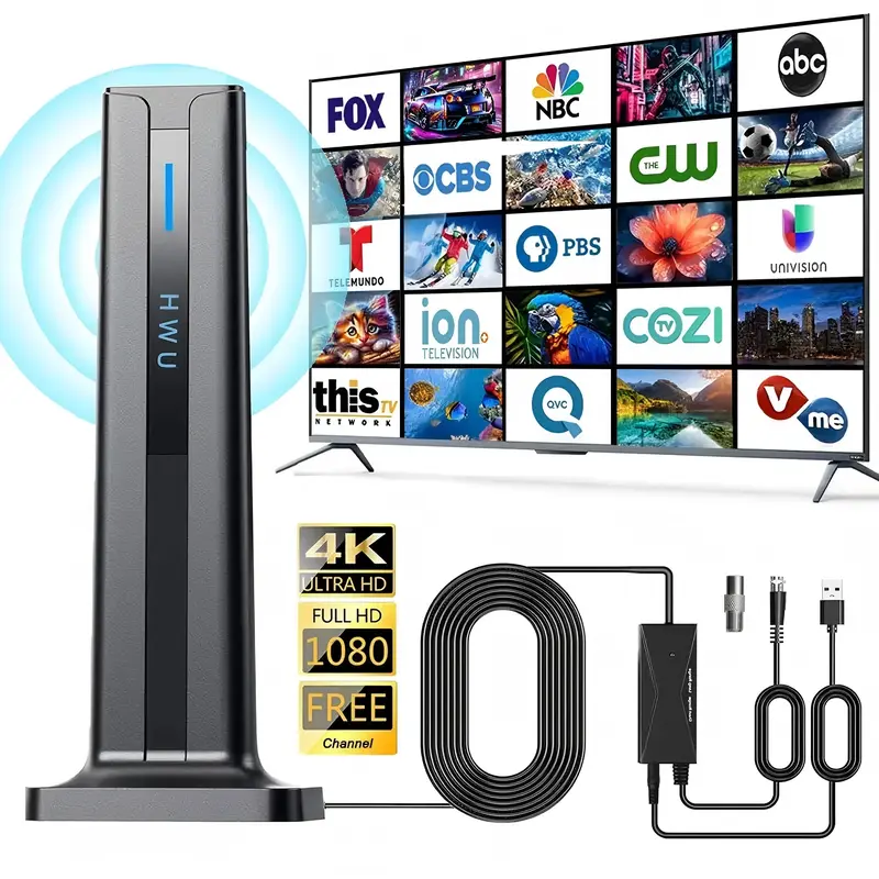 Indoor Digital TV Antenna Accessory for Smart TV Users, 2026 Model with 3M Stick Base Indoor Mount, 360° Rotation, Long-Range Reception, 4K HD/1080P Local Channels Access, No-Cable Easy Installation