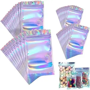 New 50pcs Waterproof Laser Flat Bottom Sealed Bags, Data Cable Jewelry Storage Pouches, Small Accessories Organizer, Travel Portable Bag