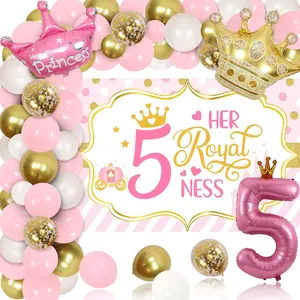 5th Birthday Royal Fiveness Decorations: Crown Balloon, Backdrop, and Pink Balloon Arch for Girls
