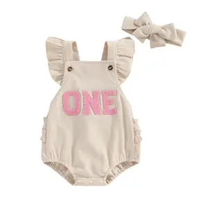 Baby Girl First Birthday Outfit One Embroidery Romper Overall Cake Smash Corduroy Ruffle Sleeveless Backless Bodysuit