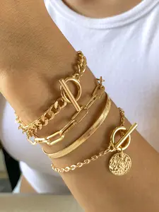 4 Pcs Trendy Hip Hop Layered Flat Snake Chain Coin Badge Pendant OT Clasp Gold/Silver Bangles Bracelets Set, Perfect for Women's Daily & Party Wear, Gift for Girlfriend, Mom, Female Friends