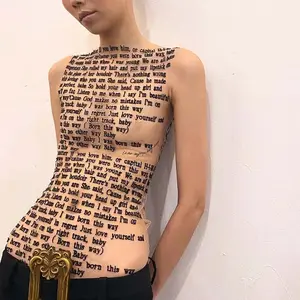 Fashion Trendy Round Collar Sleeveless Tank Mesh Sexy Article Print Slim Casual Top Women Hipster Wear Womenswear Printed with Unique Text Design