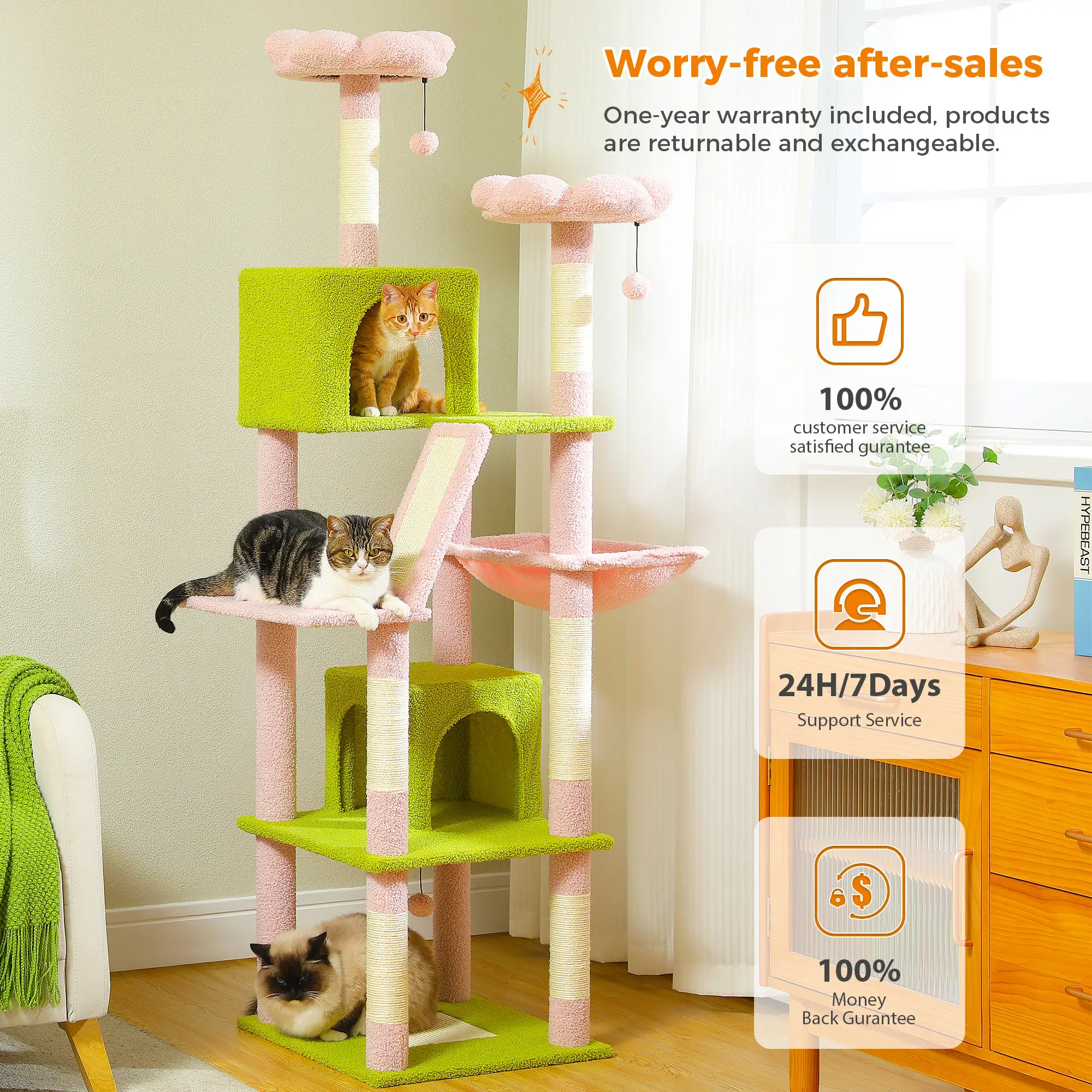 PAWZ Road 70.9-Inch Flower /Cactus Large Cat Tree for Indoor Cats, Tall Cat Tree for Large Cats, Multi-Level Plush Cat Tower with 6 Scratching Posts,