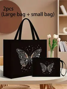 2pcs Butterfly Print Handbags, Durable Hemp Material, Fashionable Design, Includes Coin Purse, Perfect for Shopping, Travel, Beach