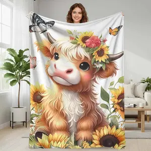 Highland Cow Flannel Blanket - Cute Calf, Sunflower Print, Butterfly Elements - Ultra Soft Warm Cozy Colorful Afghan, Flower, Butterfly Print, Country Cottage Throw for Sofa, Bedroom, Farmhouse Décor Gifts, Highland Cow Blanket, Flower Blankets