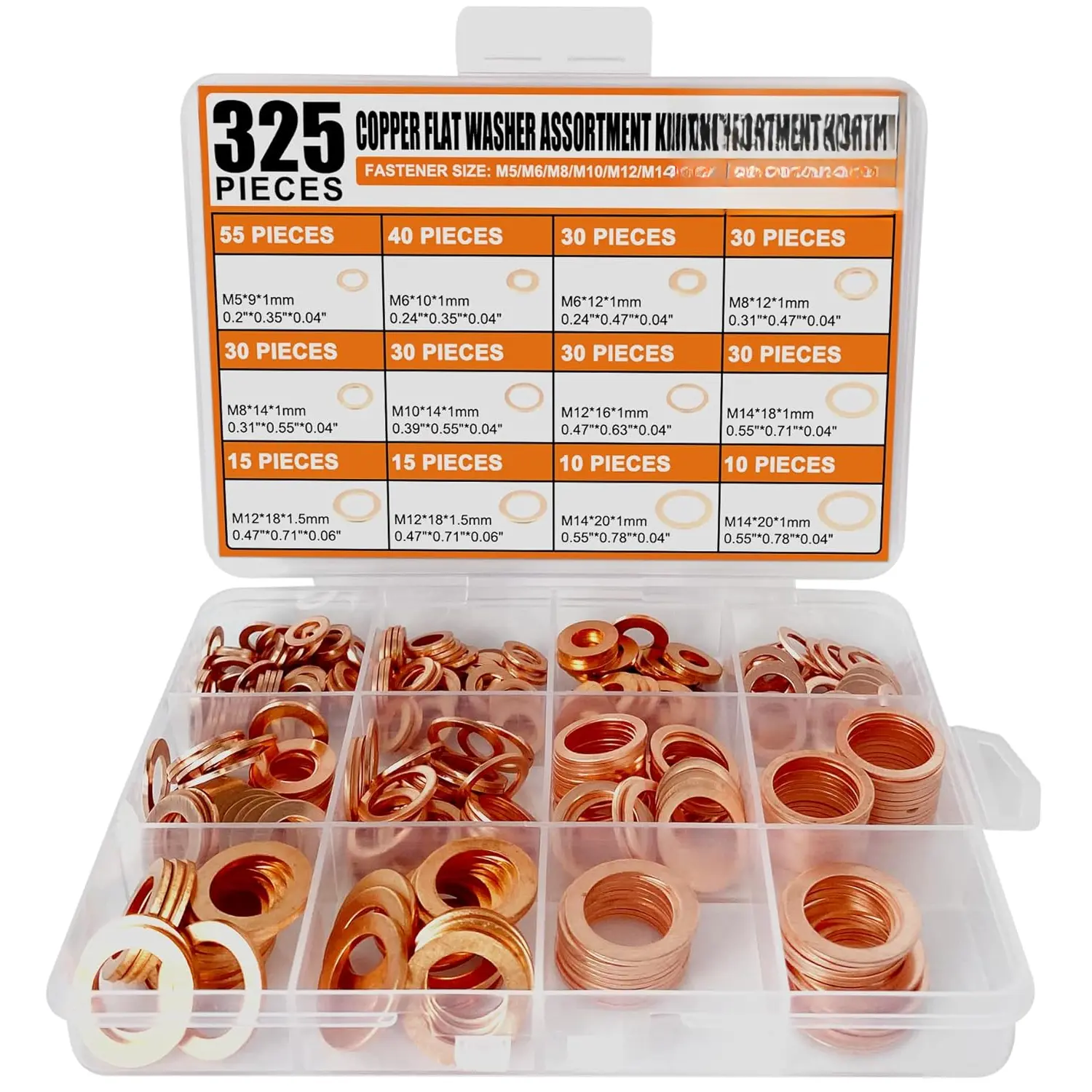 325 count, 10 Sizes,  Copper Metric Sealing Crush Washers Assortment Kit, Upgraded Flat Ring Oil Drain Plug Crush Washer Gasket Seal Assortment Set, Banjo Bolt Washer for Automotive,