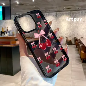 Phone Case for iPhone 16 Plus 15 Pro Max 14 13 12 11 Playful Bow Cherry Pattern Non-Yellowing Shockproof Soft Silicone slim Transparent Cover