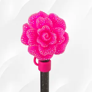 Rose 10mm Straw Topper - Hot Pink Glitter