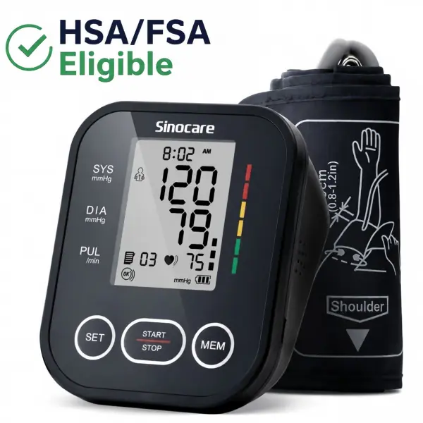 Sinocare Digital Upper Arm Cuff Blood Pressure Monitor for Adults - Plastic, Accurate, Easy-to-Use, 8.6"-16.5" Adjustable Cuff, Large Display, Dual-User Mode, 1-Button BP Scan, Posture Detection, Irregular Heartbeat Alert, Flexible Power, HSA/FSA Eligible