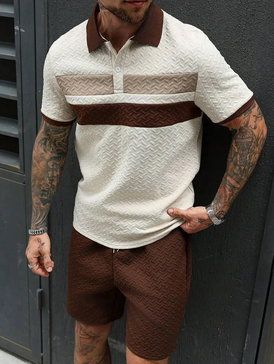 YAMAN Men's Casual Brown Striped Textured Polo Shirt Set Men Brown Short Set Casual Two Piece Set Men