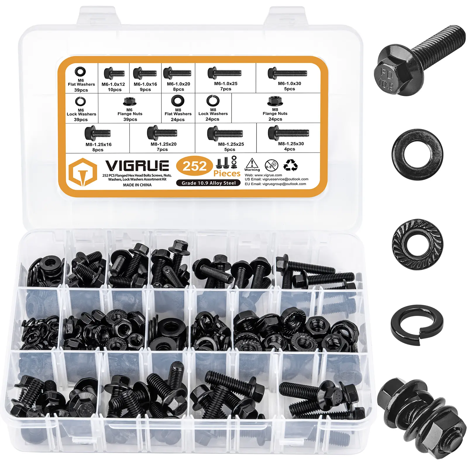 VIGRUE 252Pcs Metric Flange Bolt Nut Washer Assortment, M6-1.0 M8-1.25 Flange Bolt Kit Black Zinc Plated Class 10.9 Alloy Steel Full Coarse Thread