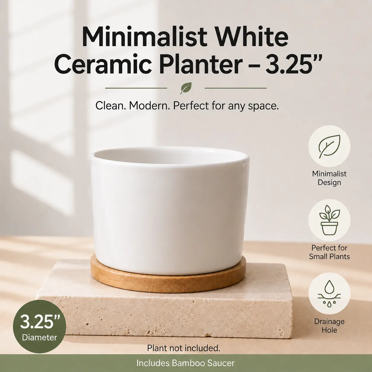 Minimalist White Ceramic Planter - 3.25 in, Bamboo Saucer, Drainage Hole - Perfect for Succulents