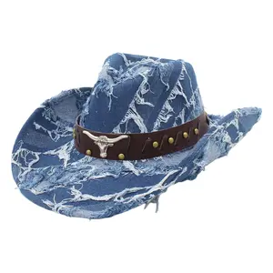 OIDEA Denim Blend Polyester Cowboy Hat - Wide Brim Western Style, Bull Concho, Studded Belt, Distressed Vintage Outdoor Sun Accessory for Costume, Travel (1-Size Unisex Fit), Folk Hats summerwins