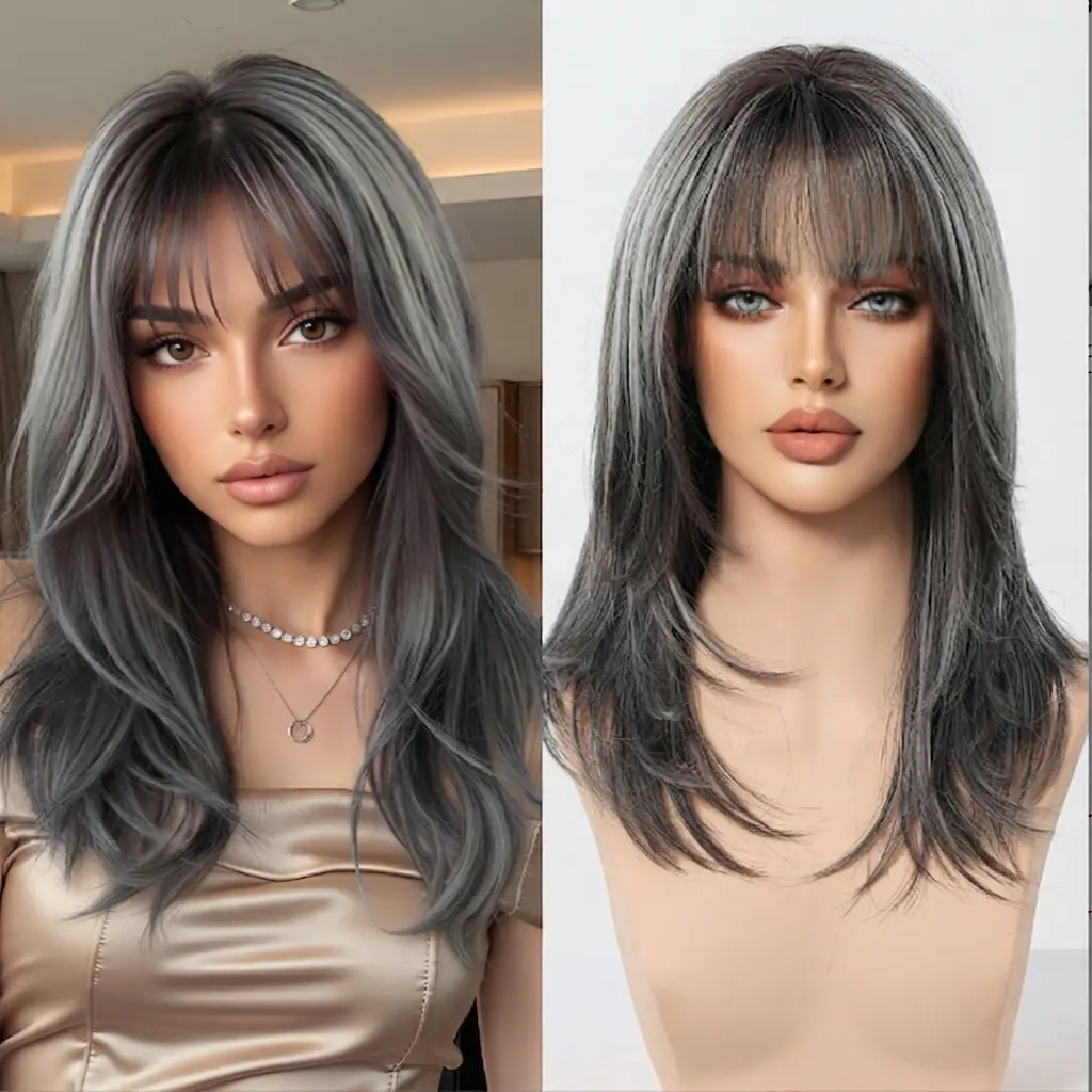 Women's Synthetic Full Machine Wig - Ombre Grey High-Layered Medium-Length Style with Air Bangs, Fluffy Natural Full Head Ash Gray Wig