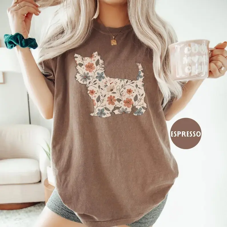 Comfort Colors Floral Yorkie Shirt, Yorkshire Terrier Dog Mom Wildflower T-shirt, Cottagecore Tee, Gift for Yorkie Lover, Puppy Owner Mama