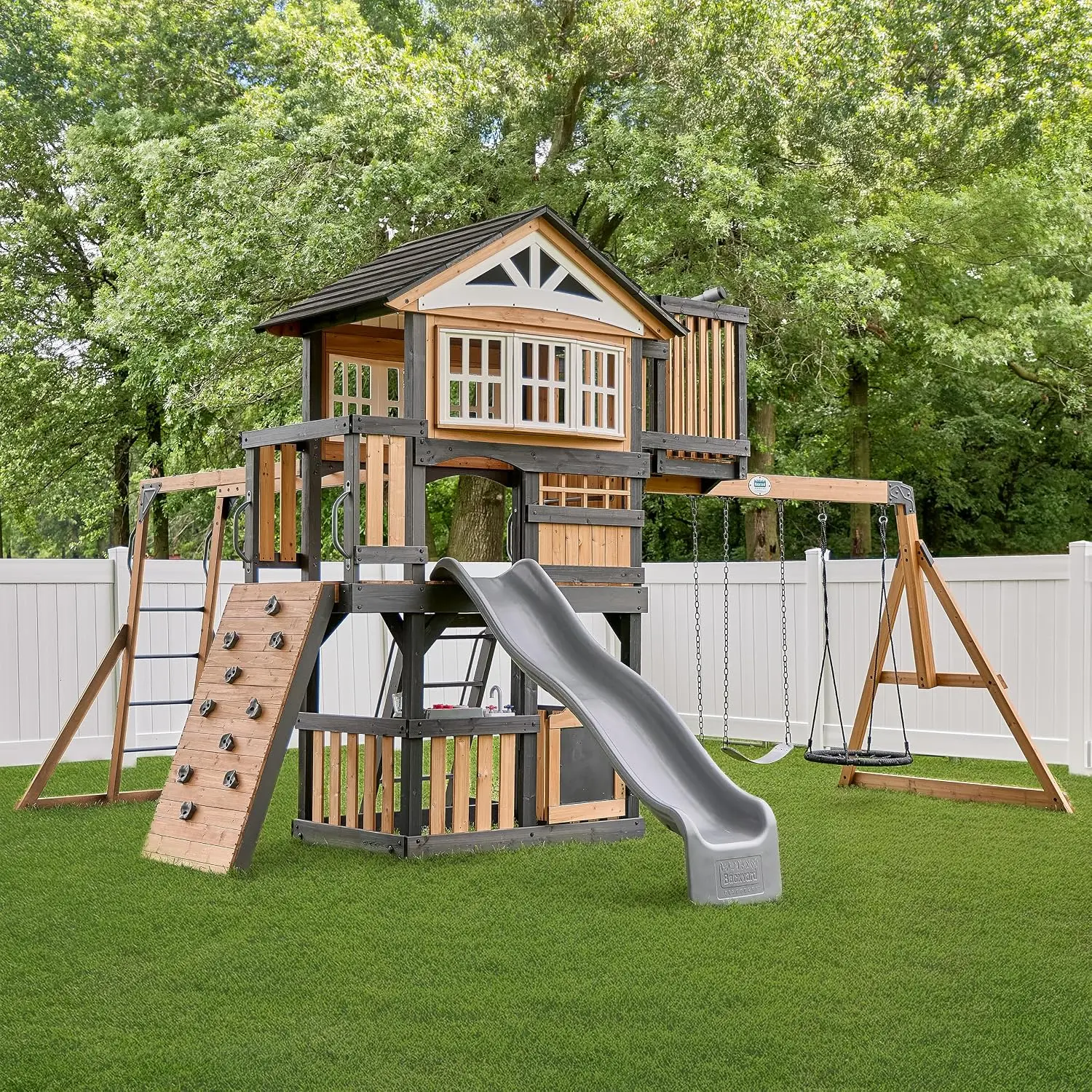 Backyard Discovery Rosewood Falls Cedar Wood Swing Set with Monkey Bars, Clubhouse, Crow's Nest, Play Kitchen, Wave Slide, Rock Wall, Belt Swings, Web Swing, Half Door, Chalkboard, Outdoor Playset