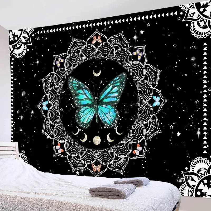 Butterfly Wall Tapestry - 60x40 in Rectangular Trippy Colors Teal-Black and White Bohemian Mandala Vintage Moon Phase Artistic Wall Decor for Home, Office Supplies