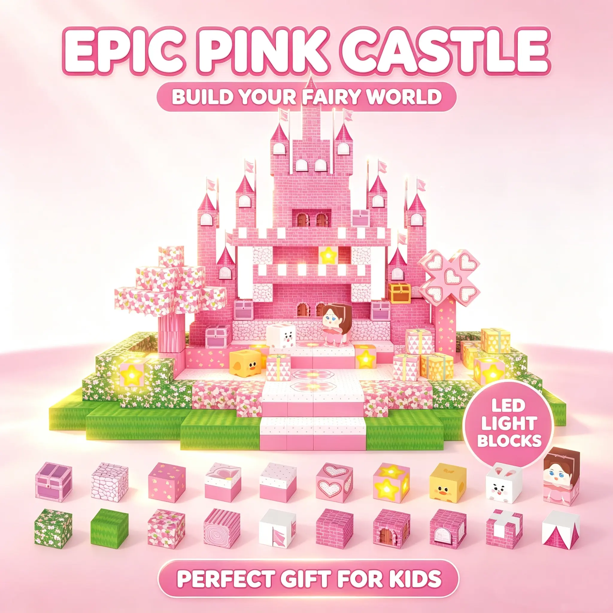DIY Pink Castle LED Building Block Set - Magnetic Cubes, Open Ended Play Montessori Toy for 4-6 Years, Model Kits, Do It Yourself Kids' Gift, Home Decoration, Children's Developmental Learning Toy, Building Block Sets, Magnetic Building Cubes